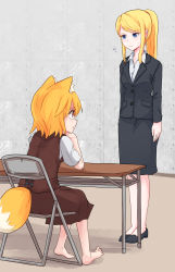 Rule 34 | 2girls, animal ears, asymmetrical hair, barefoot, black footwear, black jacket, black skirt, blazer, blonde hair, blue eyes, brown skirt, brown vest, chair, character request, closed mouth, collared shirt, commentary request, cookie (touhou), expressionless, folding chair, fox ears, fox girl, fox tail, full body, highres, indoors, jacket, long hair, looking at another, medium hair, miramikaru riran, multiple girls, office lady, pencil skirt, ponytail, red eyes, shirt, shoes, short sleeves, sitting, skirt, standing, tail, vest, white shirt, yan pai