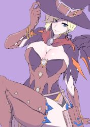 Rule 34 | 1girl, absurdres, arm support, blonde hair, blue eyes, bracelet, breasts, cleavage, curvy, female focus, gggg, hat, highres, jewelry, large breasts, legs, looking at viewer, mercy (overwatch), official alternate costume, overwatch, overwatch 1, purple background, simple background, sitting, smile, solo, thighhighs, thighs, wide hips, witch hat, witch mercy