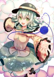 Rule 34 | 1girl, :d, black footwear, black hat, blonde hair, blouse, breasts, chieezuik, floral print, foreshortening, frilled shirt collar, frilled skirt, frills, green eyes, green hair, green skirt, hair between eyes, hat, heart, heart background, heart of string, highres, komeiji koishi, long sleeves, medium hair, no socks, open mouth, outstretched arms, outstretched hand, print skirt, rose print, shirt, skirt, small breasts, smile, solo, t-pose, teeth, third eye, touhou, upper teeth only, wide sleeves, yellow shirt