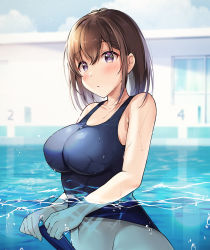 Rule 34 | 1girl, adjusting clothes, adjusting swimsuit, bare shoulders, black one-piece swimsuit, blue eyes, blush, breasts, brown hair, building, competition school swimsuit, competition swimsuit, day, embarrassed, highres, large breasts, looking at viewer, medium hair, one-piece swimsuit, original, outdoors, pool, school swimsuit, shiro kuma shake, solo, starting block, swimsuit, water, wet, wet clothes, wet swimsuit, window