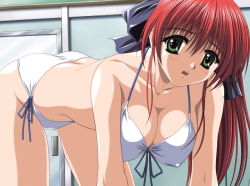 Rule 34 | 1girl, all fours, bent over, bikini, blush, breasts, chiba chinatsu, cleavage, covered erect nipples, game cg, green eyes, large breasts, long hair, looking at viewer, love love teatime, open mouth, ponytail, red hair, ribbon, side-tie bikini bottom, solo, swimsuit, white bikini, yamagami ikue
