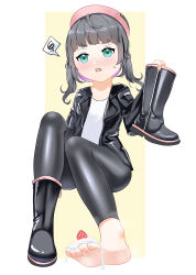 Rule 34 | 1girl, absurdres, barefoot, black hair, blush, boots, feet, food, fruit, green eyes, hat, highres, jacket, leather, leather jacket, long hair, looking at viewer, matsu-kun sama, open mouth, shoes, soles, steam, strawberry, sweat, toes, unworn boots, unworn shoes, whipped cream