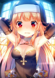 Rule 34 | 1girl, armpits, arms behind head, arms up, backlighting, bare shoulders, beads, black gloves, blonde hair, blush, breasts, breasts apart, commentary request, craytm, cross, earrings, elbow gloves, fang, glint, gloves, habit, heart, heart-shaped pupils, highres, jewelry, long hair, looking at viewer, medium breasts, open mouth, original, red eyes, sidelocks, single earring, solo, symbol-shaped pupils, upper body, veil, wavy mouth, window