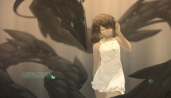 Rule 34 | 1girl, bare arms, blurry, breasts, brown hair, closed eyes, closed mouth, collarbone, cowboy shot, depth of field, dress, earbuds, earphones, english text, facing viewer, glowing, glowing eyes, hand on own head, hand up, highres, medium hair, monster, original, science fiction, short dress, sleeveless, sleeveless dress, small breasts, snake, spaghetti strap, walking, white dress, zhaoyuan pan