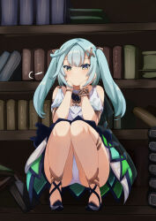 Rule 34 | 1girl, afrody, aqua hair, arm support, ass, blurry, bookshelf, bracelet, commentary request, depth of field, detached sleeves, faruzan (genshin impact), genshin impact, hair between eyes, hair ornament, head rest, highres, jewelry, long hair, looking at viewer, panties, pantyshot, short sleeves, sidelocks, solo, squatting, symbol-shaped pupils, twintails, underwear, visible air, white panties, x hair ornament, yellow eyes