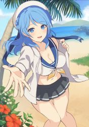 Rule 34 | 1girl, beach, bikini, bikini top only, blue eyes, blue hair, blue sailor collar, blush, breasts, cleavage, cloud, day, double bun, flower, grey skirt, hair bun, hat, hibiscus, highres, jacket, kantai collection, large breasts, long hair, long sleeves, mountain, ocean, open mouth, outdoors, palm tree, red flower, sailor bikini, sailor collar, sailor hat, sand, senbei (senbe i), skirt, sky, solo, swimsuit, tree, urakaze (kancolle), water, white hat, white jacket