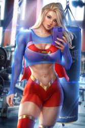 Rule 34 | 1girl, abs, ayya sap, blonde hair, breasts, cellphone, gym, highres, holding, holding cellphone, holding phone, large breasts, muscular, muscular female, phone, punching bag, solo