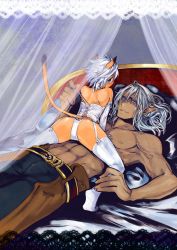 Rule 34 | 00s, 1boy, 1girl, abs, animal ears, ass, bed, blue eyes, blush, cat ears, cat girl, cat tail, chaps, choker, corset, dark-skinned male, dark skin, doraeshi, elbow gloves, elf, elvaan, final fantasy, final fantasy xi, garter straps, girl on top, gloves, height difference, hetero, highres, lingerie, long hair, mithra (ff11), muscular, on bed, panties, pointy ears, short hair, silver hair, size difference, tail, thighhighs, topless male, underwear, underwear only, undressing, untying, white background, white gloves, white thighhighs