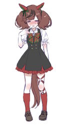 Rule 34 | 1girl, animal ears, black dress, blush, bow, brown footwear, brown hair, closed eyes, collared shirt, diagonal-striped bow, dress, facing viewer, frilled dress, frills, full body, horse ears, horse girl, horse tail, kneehighs, multicolored hair, nice nature (umamusume), nose blush, ouri (aya pine), parted lips, puffy short sleeves, puffy sleeves, red socks, shirt, shoes, short sleeves, simple background, sleeveless, sleeveless dress, socks, solo, standing, streaked hair, sweat, tail, twintails, umamusume, white background, white shirt