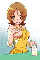 Rule 34 | 10s, 1girl, breasts, breasts out, brown eyes, brown hair, glass, halftone, halftone background, happinesscharge precure!, iruka-margarine, lactation, large breasts, milk, oomori yuuko, overalls, precure, ryuuta (cure ryuuta), shirt, short hair, smile, solo