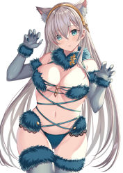 Rule 34 | 1girl, anastasia (fate), animal ear fluff, animal ears, bare shoulders, blue eyes, blush, breasts, cleavage, cosplay, elbow gloves, fate/grand order, fate (series), fur-trimmed gloves, fur-trimmed legwear, fur collar, fur trim, gloves, hair over one eye, hairband, halloween costume, harimoji, large breasts, looking at viewer, mash kyrielight, mash kyrielight (dangerous beast), mash kyrielight (dangerous beast) (cosplay), navel, o-ring, official alternate costume, revealing clothes, silver hair, tail, thighhighs, white background, wolf ears, wolf tail