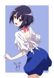 Rule 34 | 1girl, black hair, blue skirt, dated, head tilt, highres, leaning forward, looking at viewer, looking back, loose clothes, loose shirt, neck ribbon, nii manabu, open mouth, original, outside border, pink eyes, pink ribbon, ribbon, shirt, short hair, short sleeves, signature, skirt, smile, solo, white shirt