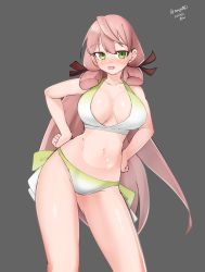 Rule 34 | 1girl, absurdres, akashi (kancolle), bikini, blunt tresses, breasts, commentary request, cowboy shot, gradient bikini, green eyes, grey background, hair ribbon, hands on own hips, highres, kantai collection, large breasts, long hair, maru (marg0613), one-hour drawing challenge, pink hair, ribbon, side-tie bikini bottom, simple background, solo, standing, swimsuit, tress ribbon, twitter username, white bikini