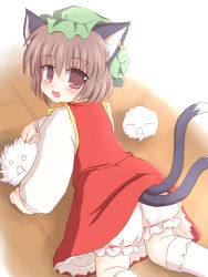 Rule 34 | 1girl, animal ears, bloomers, brown hair, cat ears, cat girl, cat tail, chen, earrings, female focus, hat, jewelry, kedama (touhou), multiple tails, ry (yagoyago), short hair, skirt, solo, tail, touhou, underwear, white bloomers
