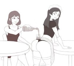 Rule 34 | 10s, 2girls, arm support, ass, ass grab, avery (little witch academia), barbara parker, clenched teeth, constricted pupils, cowboy shot, elbow gloves, female focus, from behind, gloves, grin, huge ass, leaning forward, little witch academia, looking back, maid, medium hair, monochrome, multiple girls, naughty face, panties, short hair, sitting, smile, standing, tears, teeth, thighhighs, thighs, thotticus-slayer, underwear
