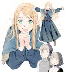 Rule 34 | 1boy, 2girls, blonde hair, dungeon meshi, falin touden, falin touden (tallman), frs2, green eyes, highres, laios touden, marcille donato, multiple girls, multiple views, own hands clasped, pointy ears