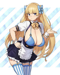 Rule 34 | 1girl, apron, bikini, bikini top only, blonde hair, blue bikini, blue eyes, borrowed character, breasts, cleavage, commentary request, frown, hair ribbon, hanging breasts, highres, houtengeki, huge breasts, leaning forward, lina (michihasu), long hair, looking at viewer, maid apron, multicolored eyes, nail polish, original, purple eyes, ribbon, skirt, sleeve cuffs, solo, standing, striped background, striped clothes, striped ribbon, striped thighhighs, swimsuit, thighhighs, two-tone background, very long hair, yellow neckwear