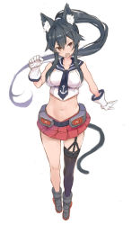 Rule 34 | 1girl, absurdres, anchor symbol, animal ears, black hair, black necktie, black sailor collar, black thighhighs, breasts, brown eyes, cat ears, cat tail, collarbone, fang, gloves, hair between eyes, highres, kantai collection, large breasts, long hair, navel, necktie, open mouth, pleated skirt, ponytail, red skirt, rudder footwear, ryo (tg290), sailor collar, school uniform, serafuku, simple background, single thighhigh, skin fang, skirt, sleeveless, solo, tail, thighhighs, very long hair, white background, white gloves, yahagi (kancolle)