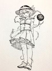Rule 34 | 1girl, blush, bow, full body, greyscale, hat, hat bow, highres, komeiji koishi, layered skirt, looking at viewer, mashimashi, monochrome, pleated skirt, shoes, short hair, skirt, sleeves past fingers, sleeves past wrists, solo, standing, third eye, touhou, traditional media