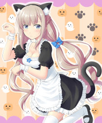 Rule 34 | 1girl, alternate costume, animal ears, apron, black dress, black hairband, blue bow, blue eyes, bow, breasts, cat ears, cat tail, dress, enmaided, fake animal ears, fake tail, frilled apron, frills, hair bow, hairband, halloween, highres, kantai collection, kiryu naoto, light brown hair, long hair, low twintails, maid, maid apron, maryland (kancolle), medium breasts, puffy short sleeves, puffy sleeves, short dress, short sleeves, solo, tail, thighhighs, twintails, white apron, white thighhighs, wrist cuffs