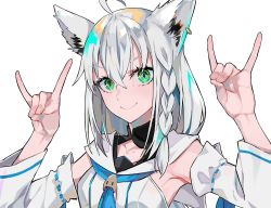 Rule 34 | 1girl, ahoge, animal ears, armpit peek, braid, breasts, closed mouth, collarbone, commentary, detached sleeves, double fox shadow puppet, dress, earrings, eyelashes, fox ears, fox shadow puppet, green eyes, hair between eyes, hololive, jewelry, lam (ramdayo), long hair, looking at viewer, medium breasts, ringed eyes, shirakami fubuki, shirakami fubuki (1st costume), side braid, silver hair, simple background, smile, solo, upper body, virtual youtuber, white background, white dress
