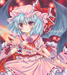 Rule 34 | 1girl, ascot, bat wings, black wings, blue hair, blush, closed mouth, collared shirt, cowboy shot, flower, frilled ascot, frilled ribbon, frilled skirt, frills, hat, hat ribbon, holding, holding polearm, holding weapon, light blue hair, looking at viewer, marker (medium), mob cap, pink flower, pink hat, pink rose, pink shirt, pink skirt, polearm, puffy short sleeves, puffy sleeves, red ascot, red background, red eyes, red ribbon, remilia scarlet, ribbon, ribbon-trimmed skirt, ribbon trim, rose, rui (sugar3), sample watermark, shirt, short hair, short sleeves, skirt, smile, solo, spear the gungnir, touhou, traditional media, watermark, weapon, wings, wrist cuffs