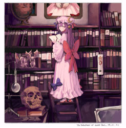 Rule 34 | 1girl, book, bookshelf, bow, copyright name, crescent, dated, figure, flask, freng, from behind, full body, globe, hair bow, hair ornament, hat, hat ornament, hat ribbon, head wings, hikikomori, holding, holding book, ladder, library, long hair, looking back, narrowed eyes, on ladder, painting (object), pajamas, patchouli knowledge, purple eyes, purple hair, red ribbon, remilia scarlet, ribbon, round-bottom flask, shoes, skull, solo, standing, star (symbol), star hair ornament, touhou, wide sleeves, wings
