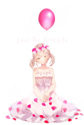 Rule 34 | 1girl, absurdres, azusawa kohane, balloon, bare arms, brown eyes, collarbone, crying, crying with eyes open, dot nose, dress, english text, flat chest, flower, full body, hair between eyes, hair over one eye, half-closed eyes, head tilt, head wreath, highres, just be friends (vocaloid), light blush, light brown hair, light smile, limited palette, looking at viewer, nuko 0108, on floor, parted lips, petals, pink flower, pink rose, pink theme, project sekai, rose, rose petals, short twintails, simple background, sitting, sleeveless, sleeveless dress, solo, song name, spaghetti strap, streaming tears, tears, text focus, twintails, v arms, vocaloid, white background, white dress, white flower, white rose