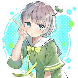 Rule 34 | 1girl, :3, blue eyes, blush, bow, closed mouth, commentary request, dress, fingernails, green dress, grey hair, highres, leaning forward, looking at viewer, olive mix, original, rinki oohen, sailor collar, short sleeves, solo, sprout on head, upper body, v, yellow bow, youtube