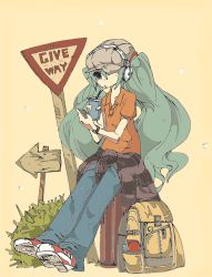 Rule 34 | 1girl, backpack, bad id, bad pixiv id, bag, drinking, drinking straw, green eyes, green hair, hat, hatsune miku, headphones, long hair, matching hair/eyes, mato tsuyoi, shoes, sitting, solo, twintails, very long hair, vocaloid, watch, yamamoto (30090)