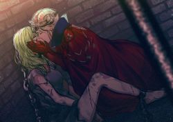Rule 34 | 2girls, bad id, bad twitter id, bars, blonde hair, bound, brick wall, bruise, byleth (female) (fire emblem), byleth (fire emblem), cape, chain, chained, closed eyes, cuffs, cuts, dirty, edelgard von hresvelg, empty eyes, fire emblem, fire emblem: three houses, gloves, hands on another&#039;s face, injury, kiss, long hair, medium hair, michimaru (michi), multiple girls, nintendo, prison cell, prison clothes, prisoner, red cape, wall, yuri