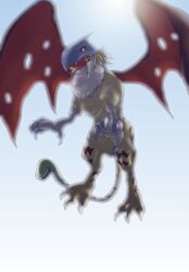 Rule 34 | artist request, claws, digimon, digimon (creature), flying, griffomon, griffon, helmet, highres, looking at viewer, multiple heads, sharp teeth, snake tail, solo, tail, teeth, wings, yellow eyes