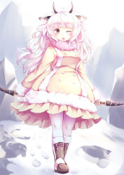 Rule 34 | 10s, 1girl, absurdres, animal ears, blunt bangs, blush, boots, breasts, brown footwear, coat dress, dress, footprints, frilled dress, frills, fur-trimmed boots, fur trim, highres, holding, holding weapon, horns, kanzakietc, kemono friends, long sleeves, looking at viewer, mountain, one eye closed, open mouth, pink eyes, pink theme, sheep ears, sheep horns, sidelocks, smile, snow, snow sheep (kemono friends), solo, standing, weapon, white legwear