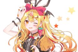Rule 34 | 1girl, animal ears, artist name, blonde hair, bow, bunny (vocaloid), carrot earrings, chain, commentary request, earrings, facial mark, fake animal ears, fingernails, food-themed earrings, food themed earrings, fukunoki tokuwa, hair bow, hair ornament, hair ribbon, hololive, jewelry, long hair, looking at viewer, multiple tails, nail polish, official art, one eye closed, open mouth, orange nails, rabbit ears, rabbit hair ornament, ribbon, solo, star (symbol), star facial mark, tail, teardrop facial mark, upper body, virtual youtuber, vocaloid, wrist cuffs, x hair ornament, yellow eyes, yellow nails, yozora mel, zipper pull tab