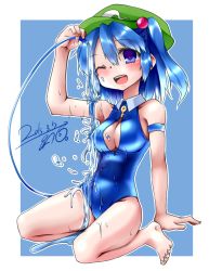 Rule 34 | 1girl, 2015, ;d, arm support, armband, bad id, bad pixiv id, blue eyes, blue hair, breasts, cleavage, cleavage cutout, clothing cutout, dated, front zipper swimsuit, hair bobbles, hair ornament, hat, hose, ino., kawashiro nitori, matching hair/eyes, meme attire, one-piece swimsuit, one eye closed, open mouth, short hair, sitting, smile, solo, suzu keika, swimsuit, teeth, touhou, twintails, two side up, water