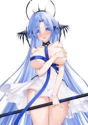 Rule 34 | 1girl, :o, absurdres, alsace (azur lane), armored boots, azur lane, bare shoulders, blue eyes, blue hair, blue ribbon, blush, boots, breast ribbon, breasts, collarbone, commentary request, covering one breast, covering privates, dress, gauntlets, halo, highres, holding, holding pole, large breasts, lieend, long hair, looking at viewer, mechanical halo, pole, ribbon, simple background, solo, thigh boots, very long hair, white background, white dress