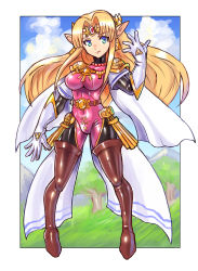 Rule 34 | 1girl, blonde hair, blue eyes, bodysuit, boots, breasts, closed mouth, earrings, gloves, highres, jewelry, long hair, looking at viewer, nintendo, oomasa teikoku, pointy ears, princess zelda, skin tight, solo, super smash bros., the legend of zelda, the legend of zelda: a link between worlds, thigh boots, thighhighs, triforce