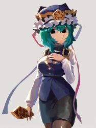 Rule 34 | 1girl, black eyes, black skirt, blue vest, brown pantyhose, cowboy shot, frilled hat, frills, green hair, grey background, hand on own chest, hat, highres, holding, iganashi1, juliet sleeves, long hair, long sleeves, looking at viewer, miniskirt, pantyhose, pencil skirt, puffy sleeves, rod of remorse, shiki eiki, shirt, simple background, skirt, solo, touhou, vest, white shirt