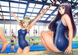 Rule 34 | 6+girls, armpits, arms up, black hair, competition school swimsuit, competition swimsuit, double vertical stripe, garex, indoors, lane line, long hair, looking at viewer, multiple girls, one-piece swimsuit, one eye closed, outstretched arms, pool, poolside, school swimsuit, sitting, sleepy, stretching, swimsuit, tears, wet, wink