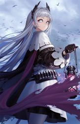 Rule 34 | 1girl, arknights, bird, black gloves, black shirt, blouse, bullet, capelet, chinese commentary, commentary, cowboy shot, earrings, flock, gloves, grey eyes, grey hair, grey pantyhose, hair intakes, head wings, highres, holding, holding lantern, irene (arknights), jewelry, lantern, long hair, masin0201, outdoors, pantyhose, parted lips, shirt, skirt, solo, standing, very long hair, white capelet, white skirt, wings