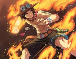 Rule 34 | 1boy, bead necklace, beads, belt, black eyes, black hair, black shorts, brown belt, brown headwear, clenched hand, closed mouth, fire, freckles, goggles, goggles on headwear, highres, jewelry, jourd4n, male focus, navel, necklace, one piece, portgas d. ace, sheath, short hair, shorts, solo, topless male