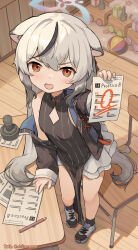 Rule 34 | 1girl, absurdres, animal ears, black dress, black hair, black socks, blue archive, blue halo, blush, breasts, dress, grey hair, halo, highres, holding, holding paper, kokona (blue archive), long hair, looking at viewer, multicolored hair, open mouth, orange eyes, paper, pen, shijiuuuuuuu, shoes, small breasts, socks, solo, streaked hair, striped clothes, striped dress, tiger ears, twitter username, vertical-striped clothes, vertical-striped dress