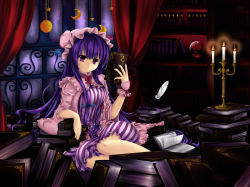 Rule 34 | 1girl, arm support, book, bookshelf, candle, candlestand, cloudy.r, crescent, female focus, hat, library, long hair, ornament, patchouli knowledge, purple eyes, purple hair, sitting, solo, touhou, very long hair, voile, zzz36951