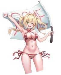 Rule 34 | 1girl, ahoge, arm up, bad id, bad pixiv id, bead bracelet, beads, bikini, blonde hair, blush, bracelet, breasts, chirang, cropped legs, fate/grand order, fate (series), flag, floating hair, green eyes, halterneck, holding, holding flag, jewelry, large breasts, navel, nero claudius (fate), nero claudius (fate) (all), nero claudius (swimsuit caster) (fate), one eye closed, open mouth, side-tie bikini bottom, simple background, solo, swimsuit, twintails, upper body, v-shaped eyebrows, white background