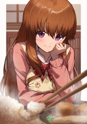 Rule 34 | 1girl, :3, absurdres, apron, blurry, blurry foreground, border, bow, bowtie, brown hair, cardigan, chopsticks, closed mouth, hair between eyes, head rest, highres, kootee-on, koufuku graffiti, leaning forward, long hair, long sleeves, looking at viewer, machiko ryou, outside border, pink cardigan, plaid, plaid bow, plaid bowtie, pov, red bow, red bowtie, red eyes, smile, solo, straight hair, white border