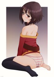 Rule 34 | 1girl, absurdres, ass, ass focus, back, bare back, bare shoulders, barefoot, belt, black choker, black thighhighs, blush, brown belt, choker, closed mouth, commentary request, dress, from side, full body, gradient background, grey background, highres, kono subarashii sekai ni shukufuku wo!, medium hair, megumin, no headwear, no shoes, off-shoulder dress, off shoulder, panties, pink panties, red dress, red eyes, shiny skin, single thighhigh, sirokohi, sitting, smile, smug, soles, solo, striped clothes, striped panties, thighhighs, toes, underwear, variant set, wariza, white background