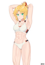 Rule 34 | 1girl, 9nojo, abs, armpits, arms behind head, arms up, blonde hair, breasts, commentary, fate/grand order, fate (series), frown, green eyes, hair ornament, hair scrunchie, highres, long hair, looking at viewer, medium breasts, mordred (fate), mordred (fate/apocrypha), muscular, muscular female, navel, ponytail, red scrunchie, scrunchie, short shorts, shorts, simple background, solo, sports bra, sportswear, standing, underwear, underwear only, white background, white shorts, white sports bra