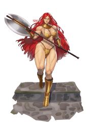 Rule 34 | 1girl, abs, absurdres, armor, axe, bikini, blue eyes, breasts, cleavage, gauntlets, gloves, gorget, greaves, highres, holding, holding axe, large breasts, long hair, muscular, muscular female, original, red hair, sabaton, scar, sheep shin, signature, solo, stairs, swimsuit, thick thighs, thighs, white background