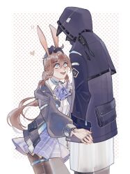 Rule 34 | 1boy, 1girl, amiya (arknights), animal ear fluff, animal ears, arknights, ascot, black pantyhose, blue choker, blue coat, blue eyes, blue jacket, brown hair, choker, coat, collared shirt, commentary request, doctor (arknights), dotted background, dress shirt, hair between eyes, headpat, heart, highres, hood, hood down, hooded coat, hooded jacket, jacket, lab coat, long hair, looking at another, mask, open mouth, outside border, pantyhose, patting, pleated skirt, pocket, ponytail, purple ascot, purple skirt, rabbit ears, resul (scripppppp), shirt, sidelocks, skirt, smile, swept bangs, teeth, thighlet, upper teeth only, very long hair, white background, white shirt