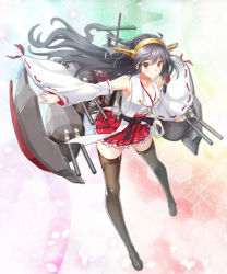 Rule 34 | 10s, 1girl, bare shoulders, black hair, blush, brown eyes, detached sleeves, frilled skirt, frills, hairband, haruna (kancolle), japanese clothes, kantai collection, long hair, looking at viewer, personification, ribbon-trimmed sleeves, ribbon trim, skirt, smile, solo, thighhighs, zi se